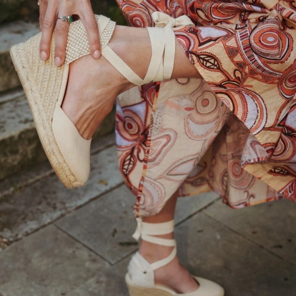 Soludos Cream Espadrille Wedge Sandals with Ankle Wrap